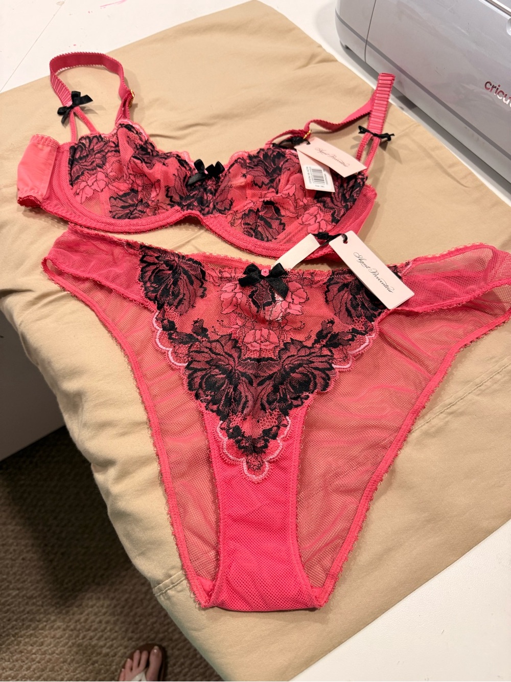 NWT Agent Provocateur Yara Pink & Black Floral Lace Bra and Panty Set 38C, XL